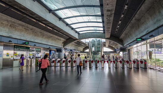 Singapore - Mar 27, 2019. Interior of MRT Station in Singapore. The MRT is a rapid transit system forming the major component of the railway system in Singapore.