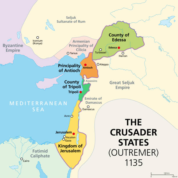 Crusader states at about 1135, map of Outremer, four Latin Catholic realms Crusader states at about 1135, map of Outremer, 4 Latin Catholic realms in the Levant, created after the First Crusade. Kingdom of Jerusalem, County of Edessa and Tripoli, and Principality of Antioch. levant map stock illustrations