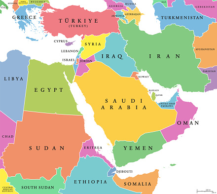 Middle East, colored countries, political map with international borders. Geopolitical region encompassing the Arabian Peninsula, the Levant, Turkey, Egypt, Iran and Iraq. Formerly known as Near East.
