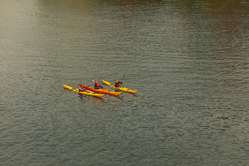 Three woman on canoes in Nyhavn river of Copenhagen