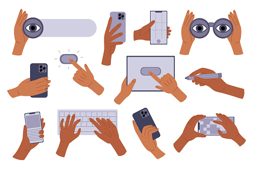 Set Hands holding stuff, search binoculars, smartphone, tablet, stylus, type on the keyboard, press the button. Vector illustration