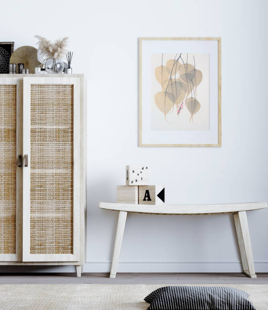 istock Modern interior with Sideboard Buffet Cabinet with wooden Bench with photo frame , carpet on the wooden floor and large wall mockup 1744564162