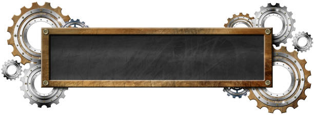 istock Empty Blackboard with Metal Frame and Cogwheels Isolated on White 1744569682