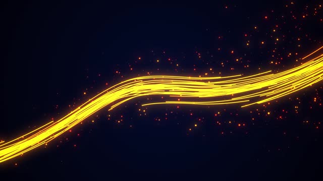 Animation of curved light stripes and particles. Bright glowing orange lines