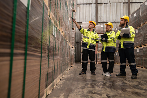 Logistics workers in wooded pallets warehouse using technological tools to manage flow of goods, including software, barcode scanners, notes to accurately label, verify products in factory storehouse