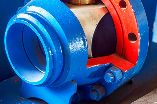 Close-up cross-section of ball stop valve. Training layout. Gasification equipment.