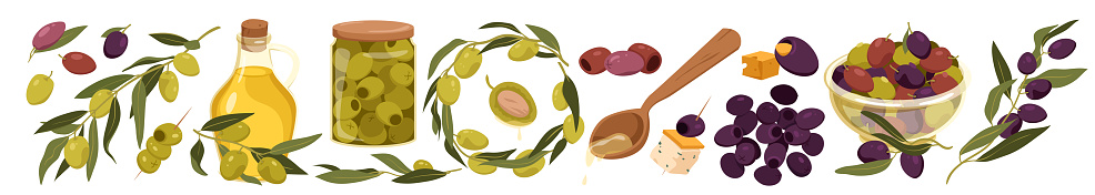 Green and black olives set vector illustration. Cartoon isolated branch and wreath with leaves and olives, glass jug and spoon with Mediterranean extra virgin oil, jar and bowl with pickled fruit