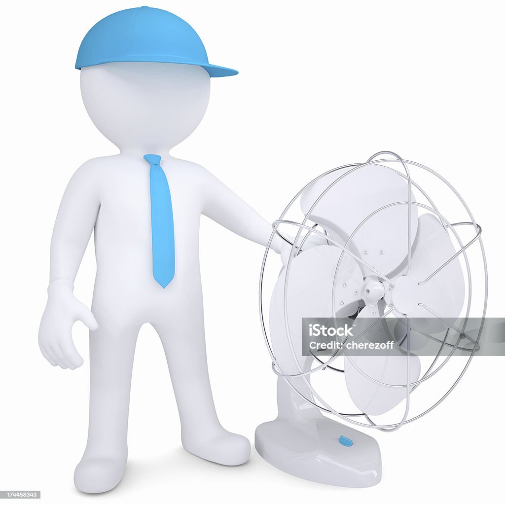 3d man with desktop fan 3d man with a desktop fan. Isolated render on a white background Adult Stock Photo