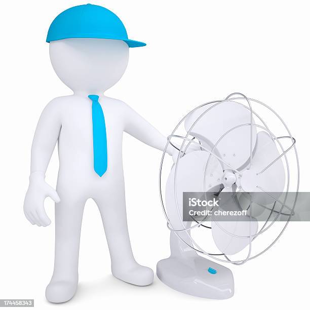 3d Man With Desktop Fan Stock Photo - Download Image Now - Adult, Cap - Hat, Chrome