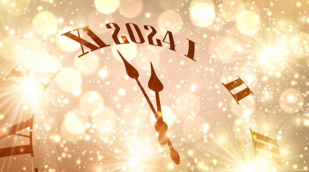 istock New Year 2024 countdown clock over golden background with fireworks and defocused lights. 1744612284