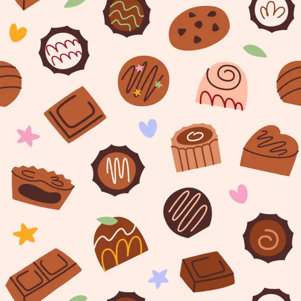Vector illustration of Chocolate candies seamless pattern, hand drawn desserts, cupcakes doodles, colored ornament of cookies icons, vector illustrations of chocolates