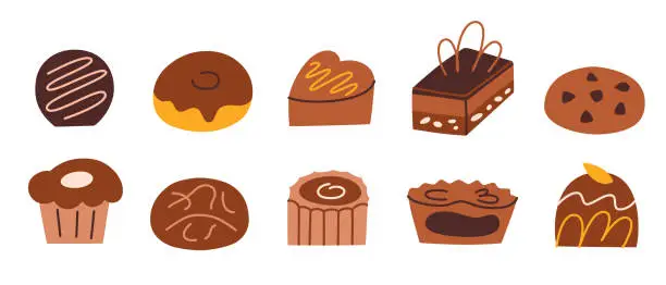 Vector illustration of Desserts hand drawn collection, doodle icons of muffin, donut and cupcake, vector illustrations of chocolate candy and piece of cake, cafe menu