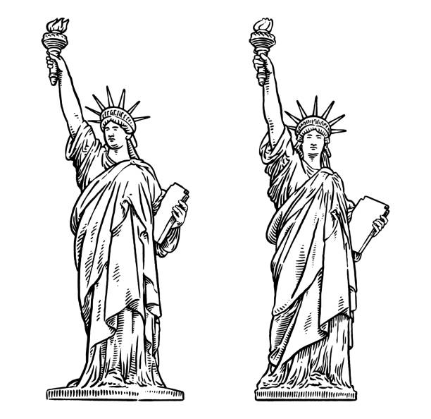 Vector drawing of a Statue of Liberty Vector illustration of a Statue of Liberty based on statue from Luxembourg Garden in Paris statue of liberty replica stock illustrations