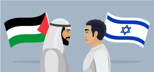 Vector illustration of Palestine and Israel flags. Two angry men.