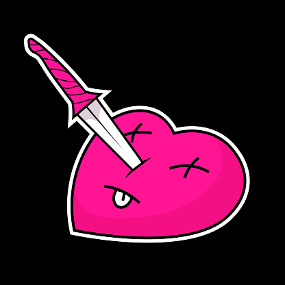 Dead heart with dagger inside. Vector cartoon sticker in the style of Y2K, emo