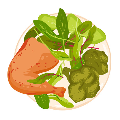 Fried chicken with vegetable salad, top view of meat restaurant meal vector illustration. Cartoon isolated plate with hot grilled chicken, cooked broccoli and lettuce leaf, delicious healthy bowl