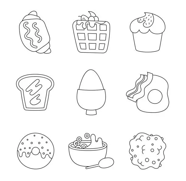 Vector illustration of Breakfast morning. Coloring Page. Toast, egg, croissant, donut, waffle, milk. Food menu. Hand drawn style. Vector drawing. Collection of design elements.