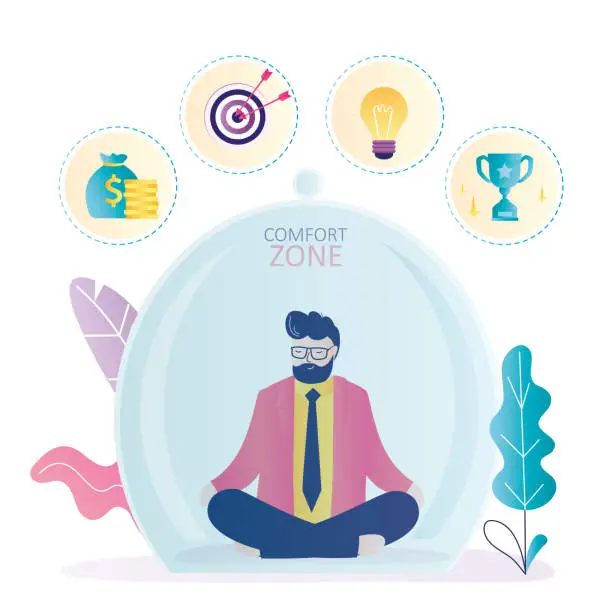 Vector illustration of Businessman closed under glass dome, comfort zone. Male character sitting in lotus yoga pose under protection in glass jar. Man dreams of new goals, career, achieve success