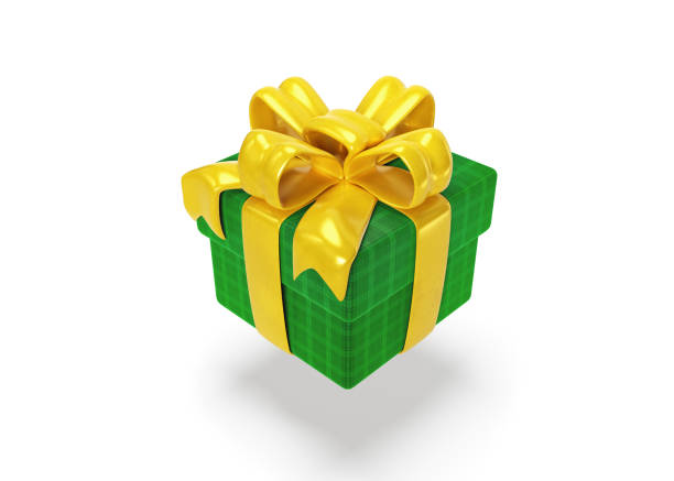 3d gift box closed with yellow pastel ribbon bow isolated on a white background. 3d render flying modern holiday surprise box
