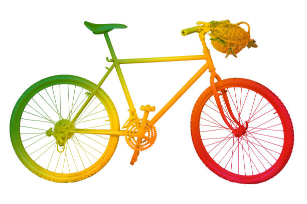 Old colored yellow mountain bike on white background for easy selection