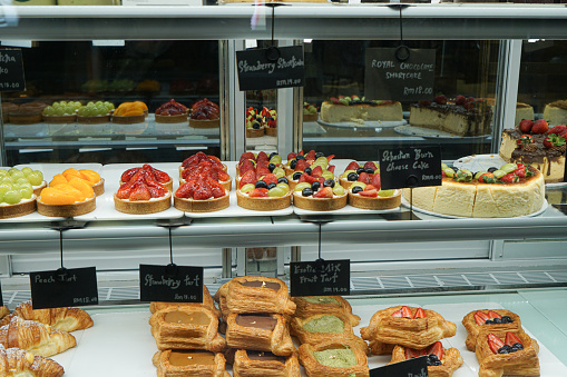 Cake and pastries on display at a bakery