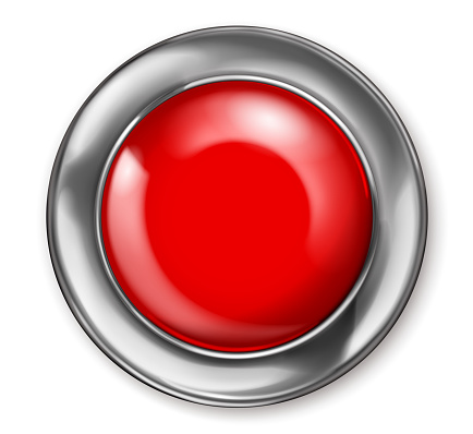Realistic big red plastic button with shiny metallic border. With shadow on white background