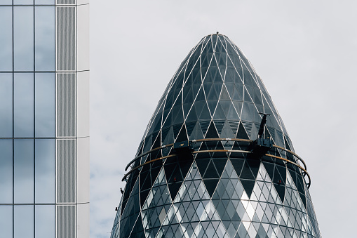 London, UK - August 25, 2023: The Gherkin Building or 30 St Mary Axe by Norman Foster architects. City of London