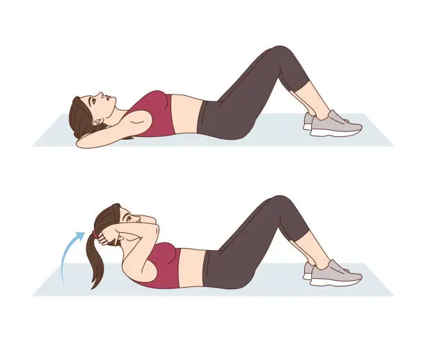 Vector illustration of A woman is doing sports exercises. Crunches. Workout for the abs. Fitness for weight loss.