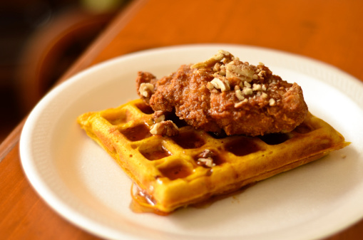 Delicious detail of chicken and waffles