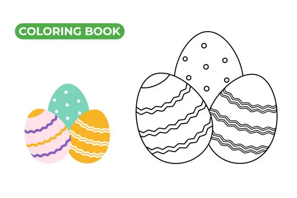 Vector illustration of Easter Coloring Book. Vector illustration. Black and white linear drawing of Easter eggs with festive decorations. Holiday objects set.