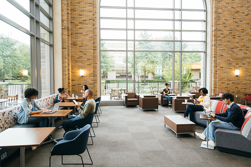 Wide shot of University students working in students center