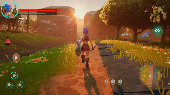 Fun Arcade Role-Playing Video Game for Mock-up Gaming Content: Gameplay of 3D Fantasy Game Featuring Female Hero Character Wielding Sword and Shield, Going on Adventure in Beautiful Forest. 3D Render
