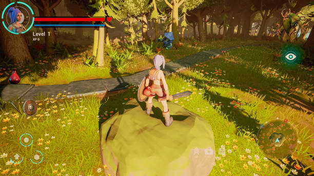 istock Gameplay for Mockup Screen: Fantasy Role Playing Video Game Featuring Adventure and Combat. Female Hero Getting Surrounded and Attacked by Enemies but She Fights Back With Magical Sword. 3D Render 1744746745