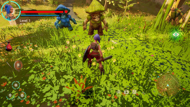 istock Gameplay for Mockup Screen: Fantasy Role Playing Video Game Featuring Adventure, Combat. Strong Female Hero Getting Surrounded and Attacked by Enemies but She Triumphs with Magical Sword. 3D Render 1744746832