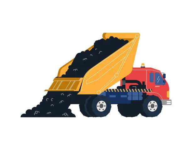 Vector illustration of Construction truck unloads asphalt, construction machinery for road repair, vector heavy equipment illustration