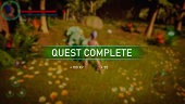 Gameplay for Mockup: Fantasy Role Playing Video Game Featuring Adventure and Combat. Female Playable Character Leveling Up, Successfully Finishing the Quest with Victory Screen Announcement. 3D Render