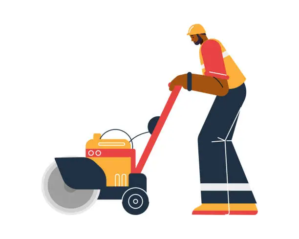 Vector illustration of Road company worker repairing a road using a roller, flat vector isolated.