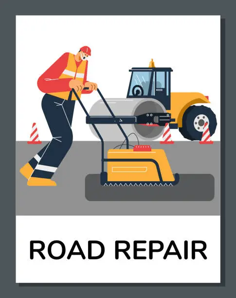 Vector illustration of Heavy equipment road roller for road construction and paving vector poster, worker repair the asphalt road surface