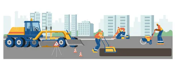 Vector illustration of Repair road workers constructing asphalt cover surface highway in city using machinery, painting markings vector