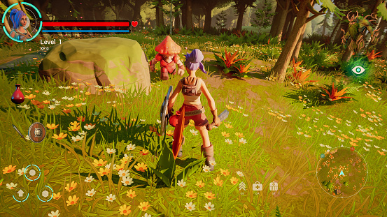 Video Game Mock-up Screen: Fun Gameplay of 3D Colorful Fantasy Role Playing Game Set in Misty Magical Forest. Female Character Facing Danger on her Adventure, Fighting Monsters, Enemies. 3D Render