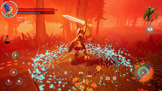 Video Game Mock-up Screen: Fun Gameplay of 3D Colorful Fantasy Role Playing Game Set in Misty Magical Forest. Female Hero Character Facing Danger on Adventure, Fighting Monsters and Enemies. 3D Render