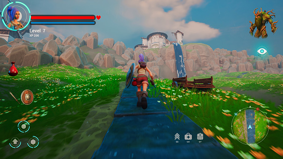 Video Game Mock-up Screen: Gameplay of 3D Open World Sandbox Fantasy Video Game. Footage of RPG Featuring Female Hero Character on Adventure, Exploring Environment. 3D Render of Magical Realm.