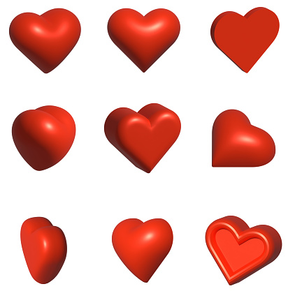 Volumetric red 3D hearts, set. 3D rendering illustration