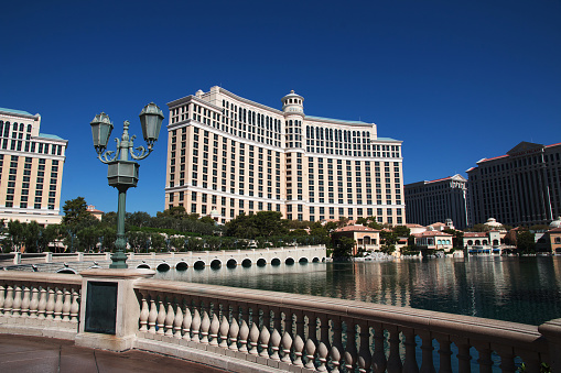 Las Vegas. USA. 11.14.2023. Beautiful view of Las Vegas against spectacular backdrop of Bellagio casino hotel fountains.