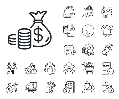 Cash money sign. Cash money, loan and mortgage outline icons. Coins bag line icon. Income savings symbol. Coins bag line sign. Credit card, crypto wallet icon. Inflation, job salary. Vector