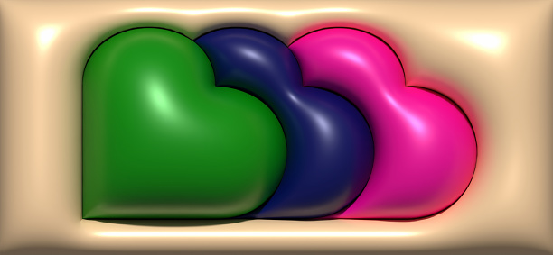 Three inflated hearts on a pink background, 3D rendering illustration