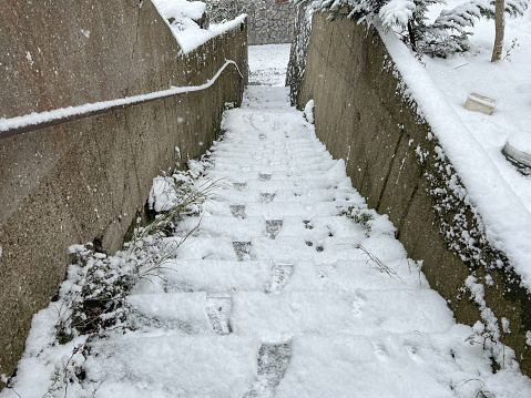 winter, steps or stairs of a garden under snow in a winter day. icy down stairs. steps covered with snow at garden or entrance of a house or home. wintertime background or surface concept