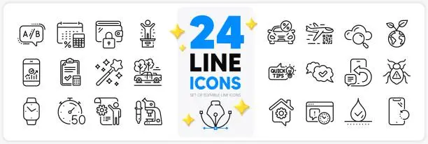 Vector illustration of Icons set of Cloud computing, Microscope and Waterproof line icons. For web app. Vector
