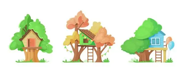 Vector illustration of Set of different houses on trees for kids. Cartoon vector illustration.
