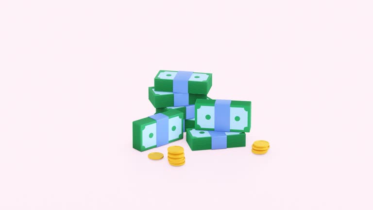 Golden coin, dollar bills animation. 3d render. Bank service, investment, money income, currency concept. finance business profits. Stack of coins animated icon, Bundle of money, banknote